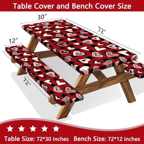 Valentines Day Picnic Table Cover with Bench Covers, Camping Essentials, Heart Buffalo Plaid Outdoor Table Covers, Waterproof Windproof, Fitted Tablecloth Cover with Elastic Edge, 3 PCS, 30x72 Inch - Image 3