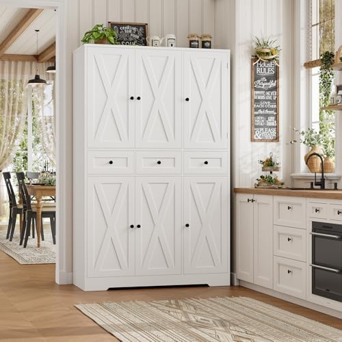 HOSTACK 67"H Farmhouse Kitchen Pantry Storage Cabinet with 3 Drawers, White - Image 2