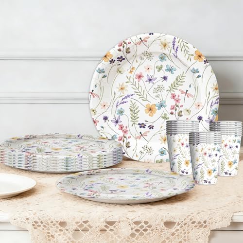 100Pcs Wildflower Party Supplies Spring Floral Wedding Birthday Decoration Include Wildflower Plates Napkins and Cups for Spring Summer Picnic Wedding Baby Shower Tea Party Decor,Serve 25 (White) - Image 2