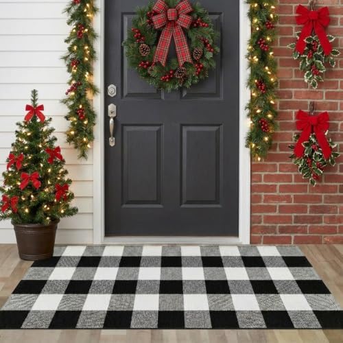 MUBIN Fall Decor Cotton Buffalo Plaid Rug, 24x52 Black and White Outdoor Rug Front Door Decorative Mat, Washable Doormat Foldable Area Rug Layered Door Mats Rug for Front Porch, Entryway, Patio - Image 2