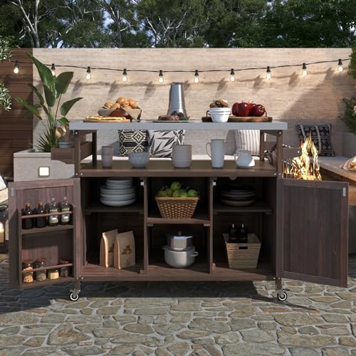 Outdoor Kitchen Island with Stainless Steel Top, Rolling Bar Cart & Storage Cabinet, 100% Solid Fir Wood BBQ Prep Station Grill Table with Spice Rack & Towel Holder (Dark Brown, 50-Inch) - Image 2