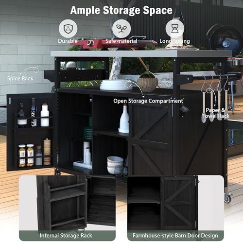 Merax Outdoor Kitchen Island, Rolling Bar Cart & Storage Cabinet, Farmhouse Solid Wood Outdoor Grill Table with Stainless Steel Top, Spice Rack, Towel Rack for Kitchen & Barbecue, Black - Image 6