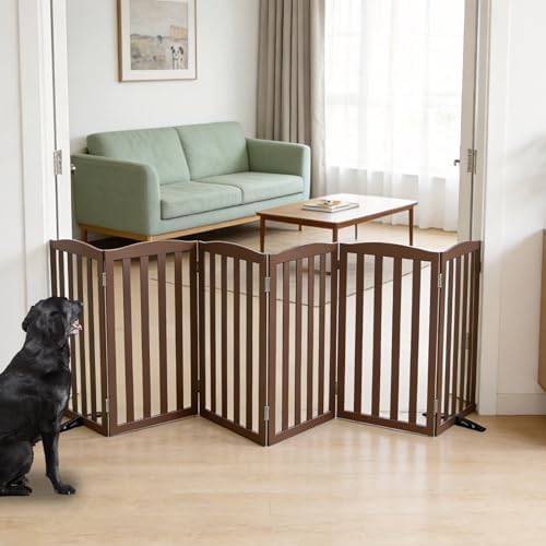 Freestanding Dog Gate Indoor,Doggie Gate Foldable Pet Gates for Doorways,Stairs or Hallways, Wooden Brown Pet Gate for the House, Pet Fence with Support Feet Included,32 "Height-6 Panels by SFJC
