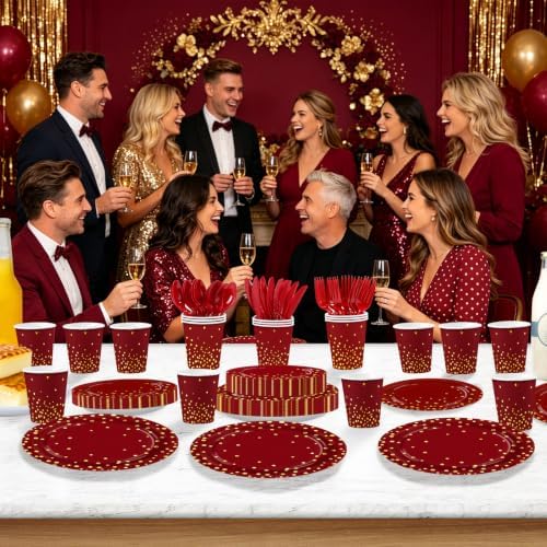 168Pcs Burgundy Fall Maroon and Gold Party Supplies Serves 24 - Image 5