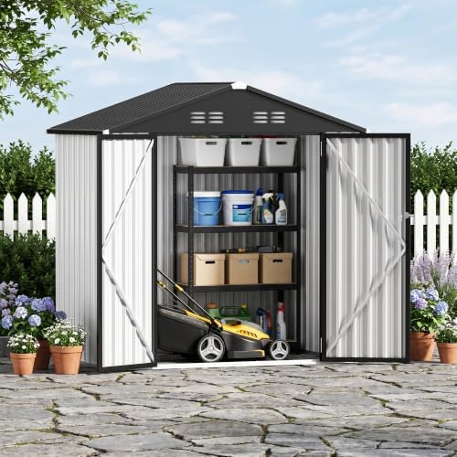 6 x 4 FT Outdoor Storage Shed, Waterproof Metal Garden Tool Shed with Gable Sloped Roof, Lockable Door & Air Vents for Backyard Patio Lawn, White - Image 7