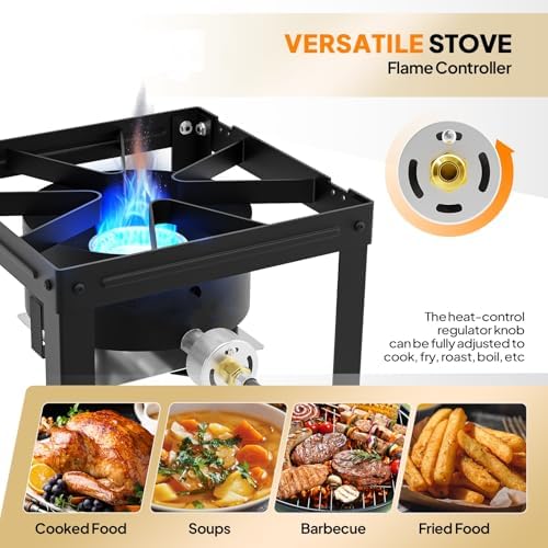Bonnlo Single Burner Propane Stove with Foldable Side Shelf, 75000BTU Portable Propane Burner with Adjustment Regulator, Gas Stove for Outdoor Camping Patio Cooking Turkey Frying Seafood Boiling - Image 3