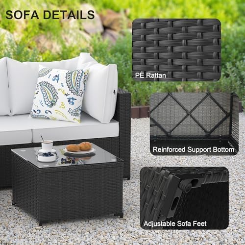 Patio Furniture Set, 5PCS Outdoor Sectional with Ottoman Wicker Rattan Patio Couch with Thickened Cushion Modular Wicker Patio Conversation Set with Glass Top Table for Balcony, Backyard (White) - Image 3