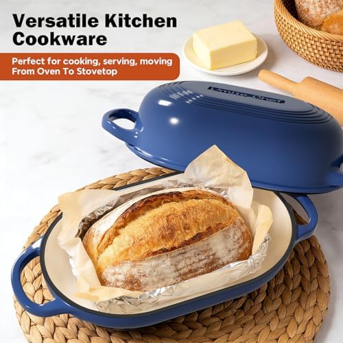 Enameled Cast Iron Dutch Oven for Bread Baking - incl. Sourdough Bread-Baking Supplies like Banneton Bread-Proofing Basket - 5QT Loaf Cast Iron Bread Oven Pan with Lid Meatloaf Pan with Lid, Sour Sough Tools, Lame(Blue） - Image 5
