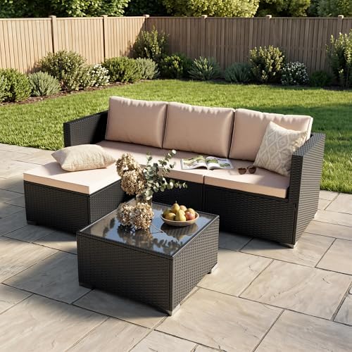 Patio Furniture Set - All-Weather -5 Piece Outdoor Patio Conversation Couch Sets, Modular Wicker Rattan Sectional Sofa for Garden, Patio, Poolside, Backyard, Balcony, Porch,Khaki by Unknown
