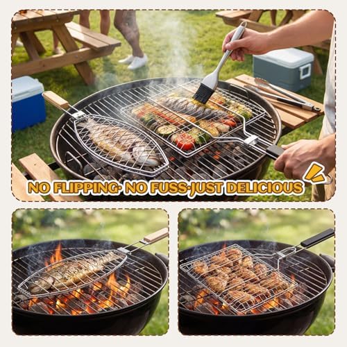 Didaey 3 Pcs Fish Grilling Basket Set 2 Sizes Stainless Steel BBQ Grill Baskets and a Silicone Basting Brush Foldable Handle and Lockable Design for Outdoor BBQ Camping Grills Father's Day Gift - Image 4