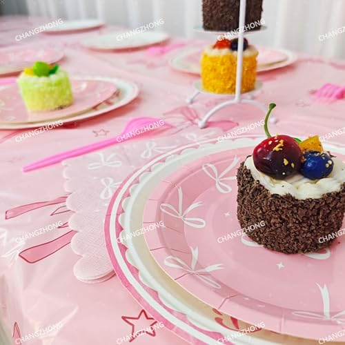 50 Pcs Pink Bow Birthday Decorations Plates, Napkins and Tableware - Image 4
