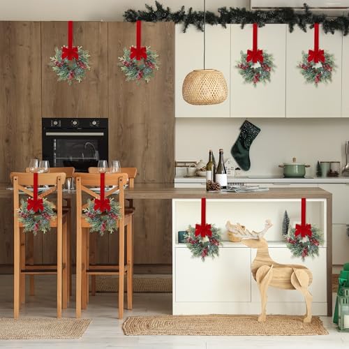 Sggvecsy 6 Pcs Christmas Mini Cabinet Wreaths Norfolk Pine Wreath with Ribbon Bows Red Berry Pinecones Artificial Small Kitchen Wreath for Window Front Door Farmhouse Wall Pillars Xmas Decorations - Image 5