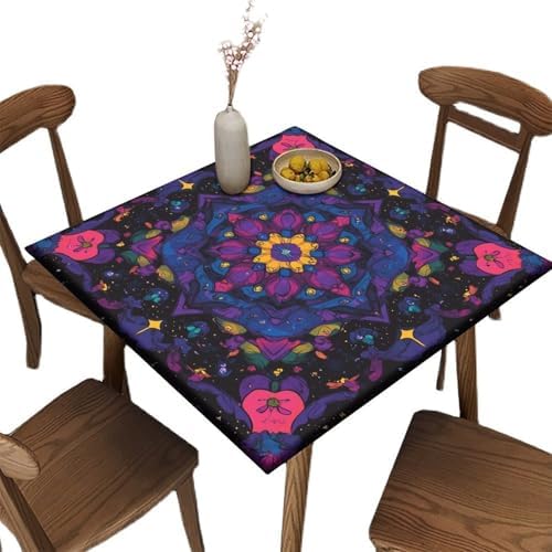 Square Fitted Tablecloth with Elastic, Mandala Madness Pattern Printed on Oilproof Cover for Outdoor Table, Perfect for Breakfasts Tea Gatherings, Fit for 32" x 32" Square Tables by JRBSZMI2