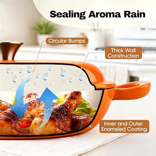 3 Quart Enameled Cast Iron Braiser, Non Stick Enameled Cast Iron Skillet with Lid, Dutch Oven Skillet with lid up to 500°F for Oven, Stove, Grill, Shallow Dutch Oven for Cook, Bake (Orange) - Image 5