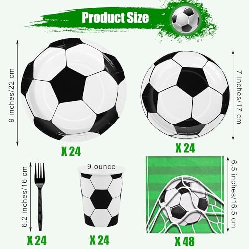 Kochorie 144 Pieces Soccer Party Supplies, Sports Tableware Sets Including Disposable Paper Plates Napkins Cups Forks Serves 24 for Soccer Games Birthday Football Party Decorations - Image 2