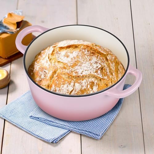 E-far 3 Qt Enameled Cast Iron Dutch Oven with Lid, Small Round Nonstick Dutch Oven Pot for Bread Baking Braising Stews Roasting Cooking, Heavy Duty, Induction & Oven Safe - Pink - Image 3