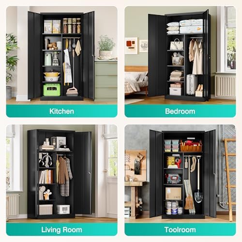 Wide & Deep Metal Storage Cabinet with Hanging Rod,Black Broom Closet Storage Cabinet with Lock,72" Tall Wardrobe Cabinets with Doors and Shelves,Locking Steel Tool Cabinets for Home,Office,Garage - Image 4