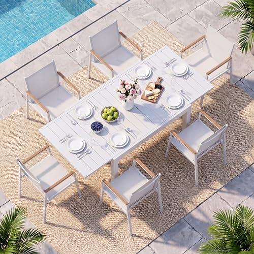 Outdoor Aluminum Patio Dining Table Set for 6 Person, Expandable Outdoor Table and 6 Chairs with Textilene Fabric & HDPS Armrest, All-Weather Patio Furniture Set for Yard, Garden, White by Oasbira