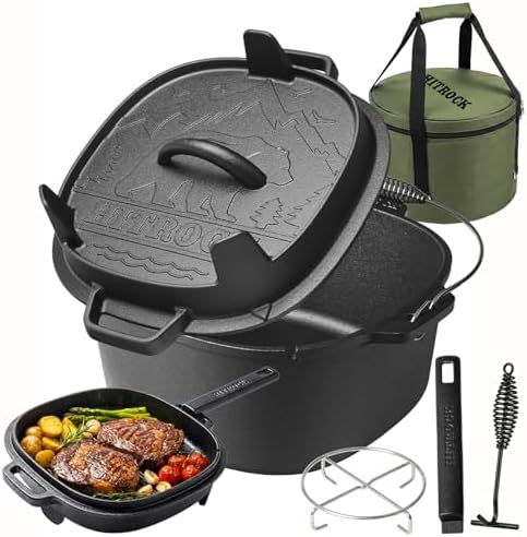 HITROCK Cast Iron Camp Dutch Oven 9QT, Pre-Seasoned Camping Dutch Oven with Lid, Flat Bottom Outdoor Pot with Lid Lifter,Pot Stand, Storage Bag & Handle for Camping, Baking, Grilling, Rounded-square Shape by Unknown