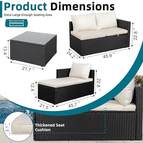 SUNLEI Patio Furniture Set with Detachable Soft Cushions, Outdoor PE Rattan Patio Conversation Sofa Set, 3-Piece Patio Sectional Sofa with Glass Coffee Table (Black Rattan&White) - Image 2