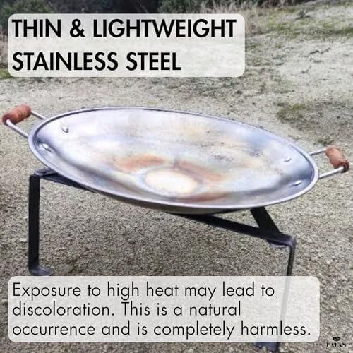 Hakan Stainless Steel Sauté Pan | Frying Pan with Wooden Handles | Barbeque Plate, Wide Shallow Cooking Pan for Stir Fry, Outdoor Cooking BBQ Cookware Pan, Skillet (X-Small 13.4 in) - Image 4