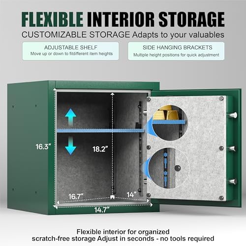 KEAR Fireproof Safe for Home, 3.8 Cub Biometric Fingerprint Safe with Fast Access, Waterproof Safe, Digital Keypad, Emergency Keys, Steel Security Safe for Documents, Cash & Handguns (Green, 3.8 Cub) - Image 5