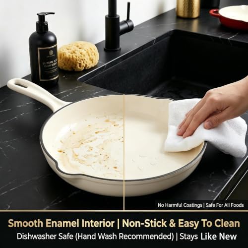 Nonstick Enameled Cast Iron Cookware Set - 8 Piece Pots and Pans with Lid, Frying Pan, Skillet, Dutch Oven Set for All Stovetops, Ideal for Sourdough Bread Baking, Cream White - Image 6