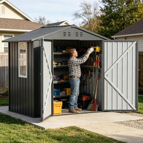 COMHOMA Outdoor Storage Shed with Window,Metal Lockable Garden Toolhouse, Ventilated Weather-Resistant Backyard Utility Workshop for Storage(Light Grey,6x4ft) - Image 2