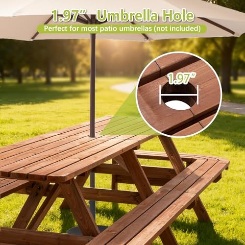 121'' Large Outdoor Dining Table, Rectangular Wooden Patio Dining Table & 2 Built-in Bench for 16, 2" Umbrella Hole, Suitable for Backyard Garden Porch, Brown - Image 3