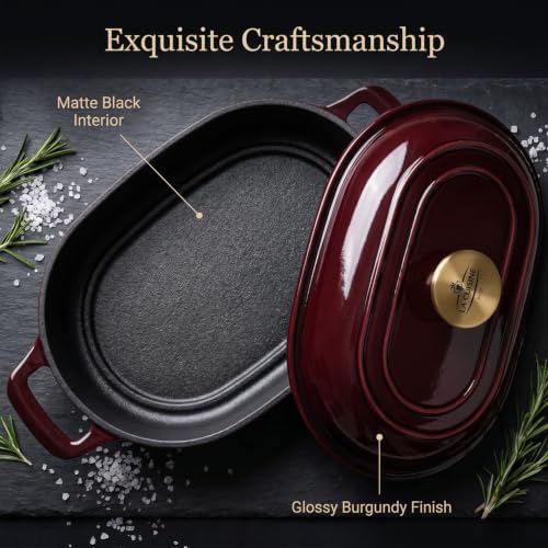La Cuisine Enameled Cast Iron Bread Loaf Dutch Oven Oblong for Sourdough Crusty Bread & High‑Heat Baking. Oven-Safe 550°F/287°C Matte Black Enamel Interior, 5.5 QT, Cranberry - Image 2