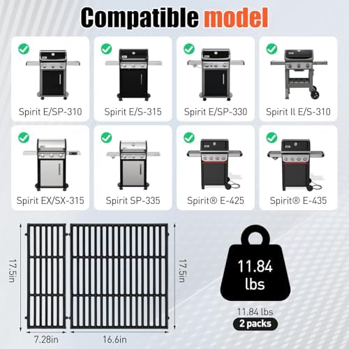 17.5" Grill Grates for Weber Spirit 300/400 & GS4 Spirit II 300 Series, Spirit E/S-310 E/S-320 E/S-330 E425 E435, Genesis Silver/Gold B & C, Spirit 700,Cast Iron Grill Parts for Weber Spirit 7638 7639 - Image 2