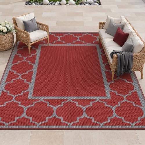 GENIMO Outdoor Rug, Waterproof Plastic Rugs for Patio, 9'x12' Red Grey by GENIMO