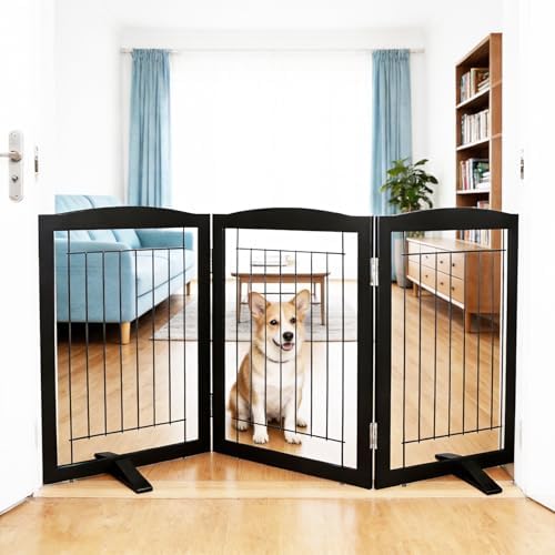 ZJSF Freestanding Dog Fence Indoor, Foldable Dog Gate for Doorways, Stairs or Hallways, Sturdy Wood Extra Wide Pet Gate with Support Feet for The House, Black, 32 "Height-3 Panels by ZJSF