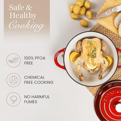 Cast Iron Pot with Lid - Non-Stick Ovenproof Enamelled Casserole Pot, Oven Safe up to 500° F-Sturdy Dutch Oven Cookware-Red, 5-Quart, 24cm-by Nuovva - Image 4