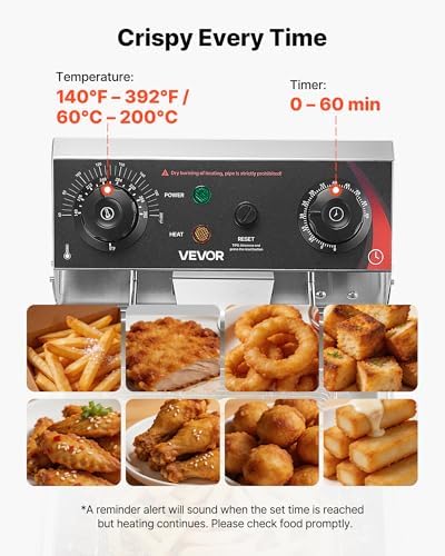 VEVOR Commercial Deep Fryer, Stainless Steel Countertop Fryer with Baskets & Lids, Temp Control, Overheat Protection, for Commercial Restaurant, Single Fryer with Oil Filtration-9.5Qt - Image 6