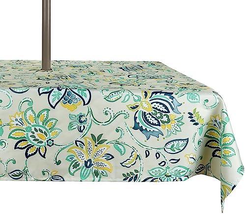 ColorBird Outdoor Rectangle Tablecloth, 60×84 inch Patio Rectangle Tablecloth with Umbrella Hole Blue Bosemia Flower Plastic Table Cloth for Patio Garden Tabletop by ColorBird