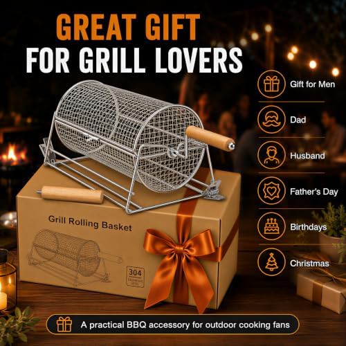 2-in-1 Rolling Grill Basket 304 Stainless Steel Rotatable with Dual Handles - Image 2