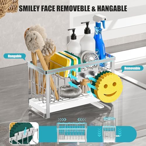 Sponge Holder for Kitchen Sink with Flexible Sink Caddy Smiley Face,2 Tier Kitchen Sink Organizer Countertop and Storage Essentials,Soap Dispenser Organize,Home Decor Accessories-Silver - Image 3