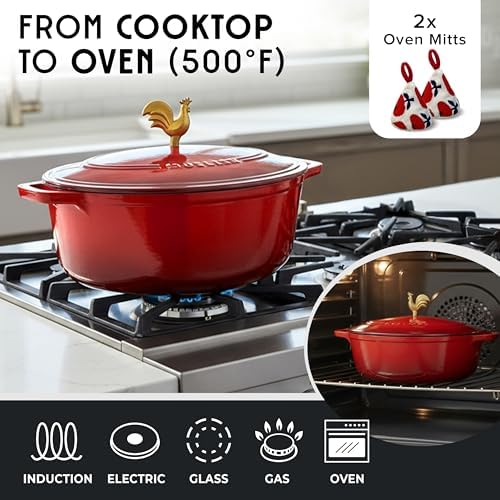 MUELLER HOME 5.5 Quart Enameled Cast Iron Oval Dutch Oven w Rooster Knob & Cotton Potholders, Heavy-Duty Cookware, Oven-Safe up to 500° F & Across All Cooktops, Gifts for Grandma & Women, Red - Image 4
