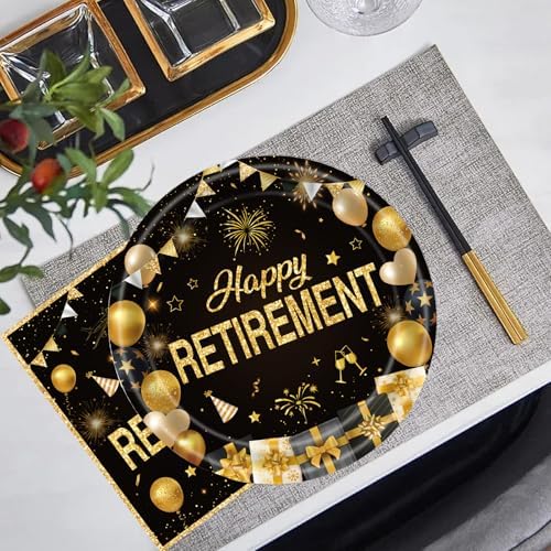 40Pcs Retirement Paper Plates and Napkins Party Supplies, Disposable Happy Retirement Decorations Party Plates Napkins Black Gold Tableware Set for Men Women - Image 4