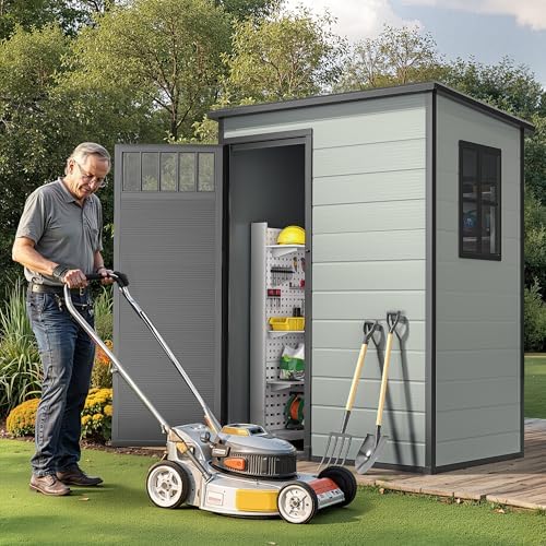 DWVO Outdoor Storage Shed 5x3FT with Fence-Style and Side Windows, Floor & Lockable Doors, Plastic Storage Shed, Storage Shed for Backyard and Garden - Image 3