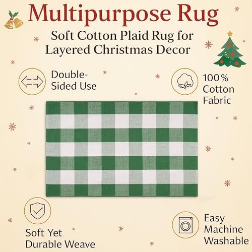 Christmas Green & White Plaid Rug - 4' x 6' Outdoor Front Door Decor Mat Cotton Washable Hand-Woven Rug Christmas New Year Holiday Porch Entryway Layered Doormat - Image 2