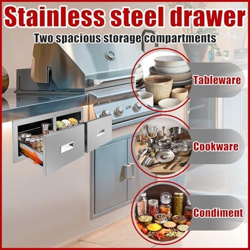 Outdoor Kitchen Horizontal Double Drawer 29.5'' W x 10'' H x 19.7'' D Flush Mount BBQ Access Drawers Stainless Steel BBQ Island Drawers with Handle for Outdoor Kitchen Island Grill Station - Image 5