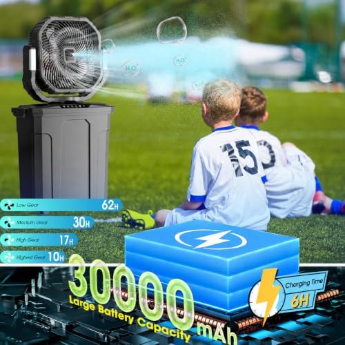 Ausic 5 Gal 12" Portable Misting Fan for Outside Patios, 【Max 62H】 Outdoor Rechargeable Battery Oscillating Fan with Remote, Cooling Dugout Water Fan with Caster/LED Light/Timer, Camping Essential - Image 3