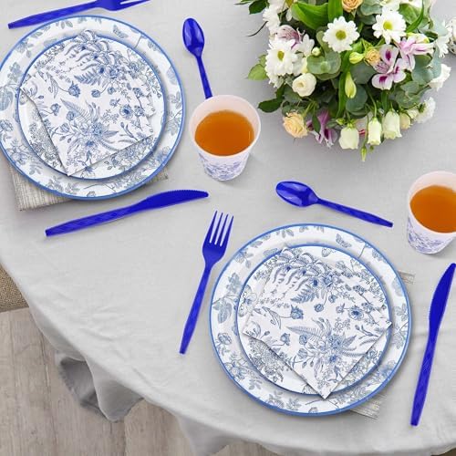 Kochorie 400 Pieces Blue and White Flower Disposable Party Tableware Sets Including Plates Cups Napkins Cutlery Serves 50 for Wedding Birthday Baby Shower Party Decorations - Image 5