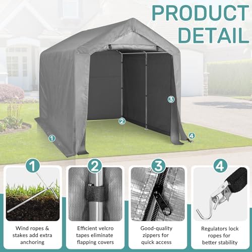 VINGLI Outdoor Portable Storage Shed, Heavy Duty Bike Tent with Roll-up Zipper Door, Waterproof and UV Resistent Carport for Motorcycle, Garden Tools and Firewood (Gray, 8x8x6.7 FT) - Image 6