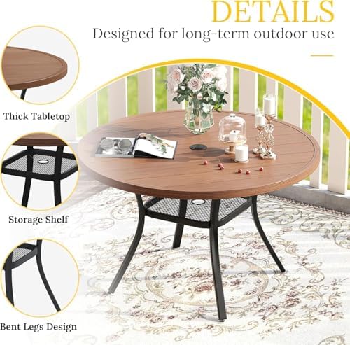 VICLLAX Patio Dining Set for 6, All Weather Metal Outdoor Furniture Set- 47" Round Patio Table and Chairs, Walnut Tabletop and Brown Fabric - Image 5