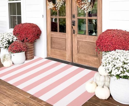 BUAGETUP Washable Outdoor Rug 3'x 5'Pink and White Striped Area Rug - Image 6
