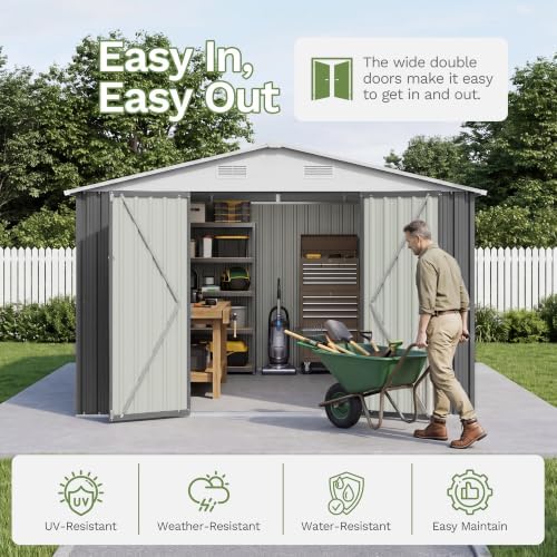 Patiowell 10x10 FT Storage Shed, Outdoor Metal Sheds, Gray - Image 4