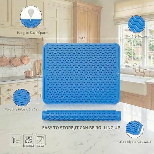 MicoYang Silicone Dish Drying Mat — Quick-Dry Ridges Counter & Sink Pad, Heat-Resistant Trivet to 450°F, Non-Slip & Dishwasher Safe, Roll-Up Storage, 18 Colors & 9 Sizes (Lichen Blue, 16"×12") - Image 2